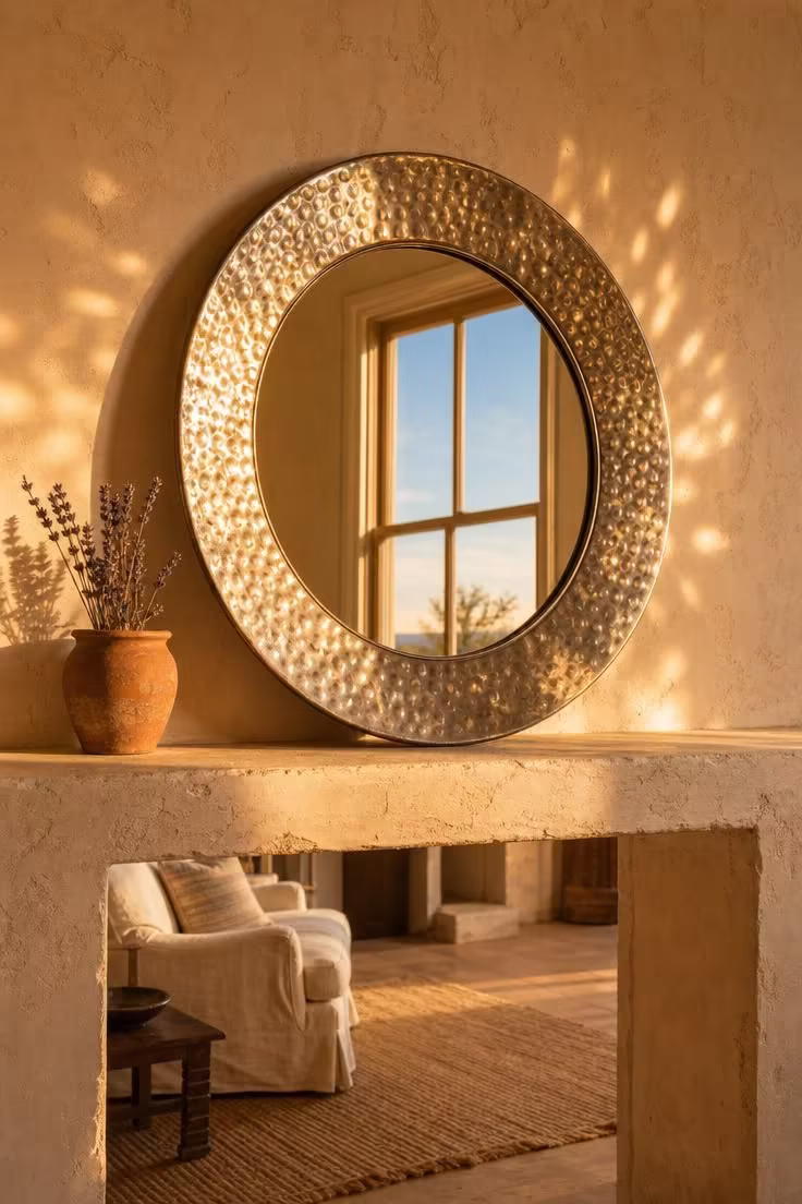 Large hammered tin mirror frame propped on a raw plaster mantel catching golden late-afternoon light with a terracotta pot of dried lavender beside it