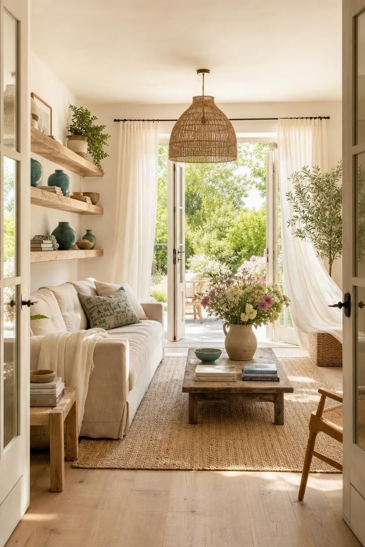 Simple Spaces 16 A bright airy living room with a linen slipcover sofa, woven pendant lamp, turquoise pottery on bleached pine shelves, and sheer curtains billowing at an open window in warm summer light