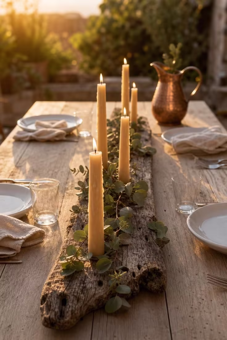 Driftwood board with beeswax taper candles and eucalyptus sprigs on a farm table at golden hour