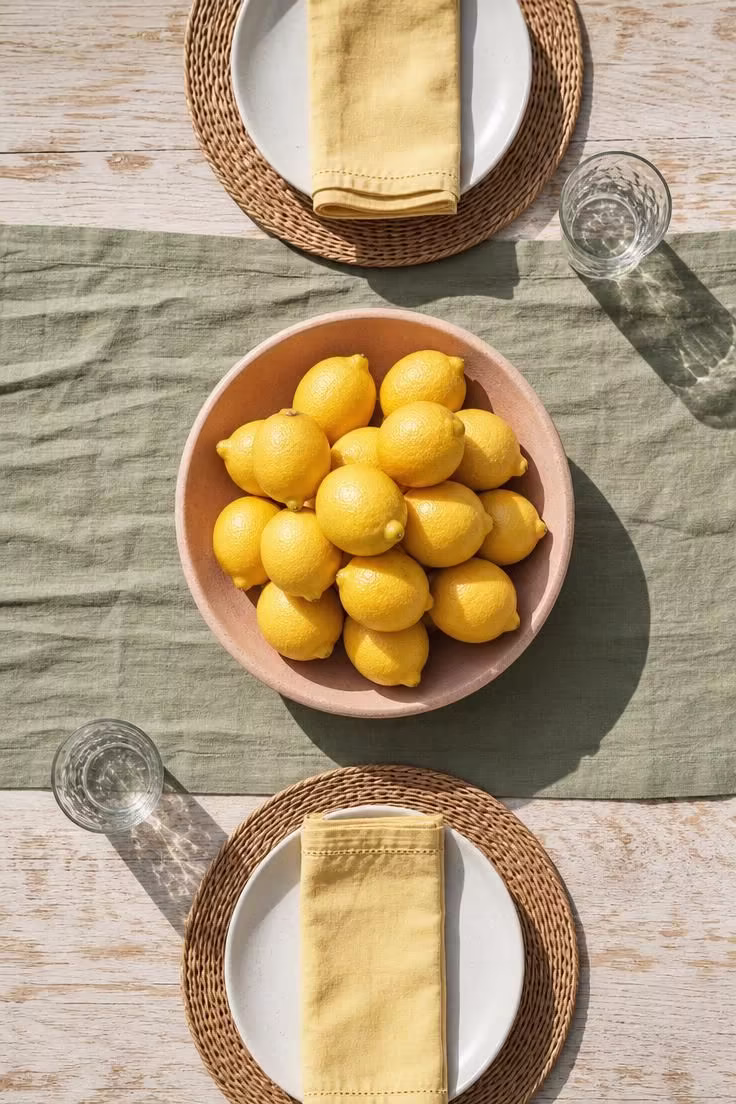 Overhead view of a lemon-filled ceramic bowl on a sage green linen table runner with place settings