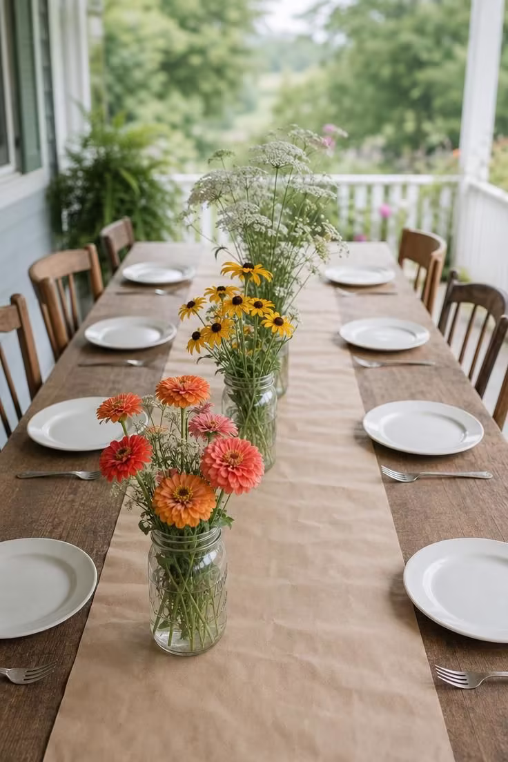 Mason jars with wildflower clusters on a kraft paper table runner set for a casual summer meal