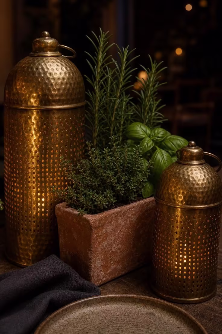 Close-up of hammered brass lanterns flanking a terracotta herb planter with rosemary and basil