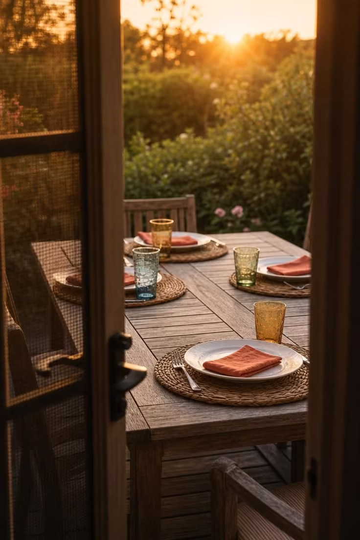 Patio table set with colored glass tumblers on rattan placemats and coral napkins seen through a screen door