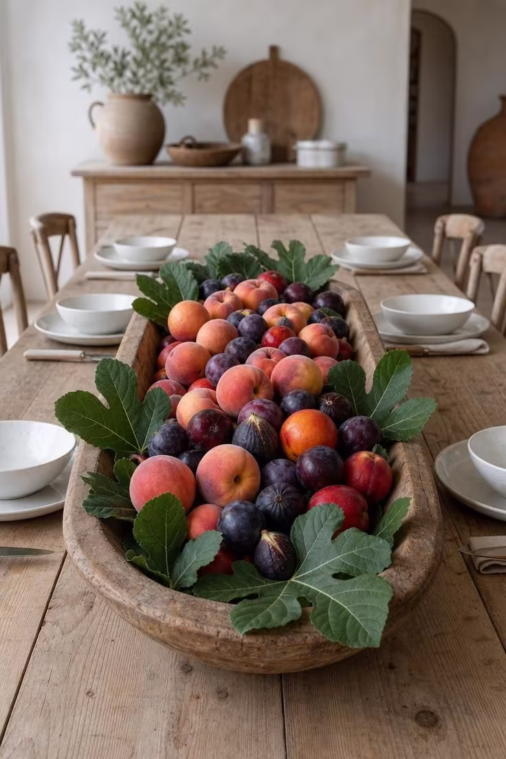 Wooden dough bowl filled with stone fruit and fig leaves as a centerpiece on a long dining table