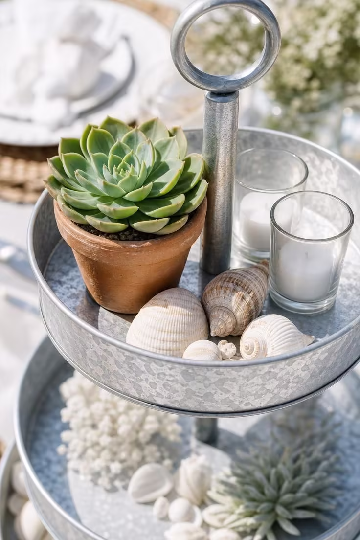 Close-up of a tiered galvanized tray with succulents, votives, and seashells in bright sunlight