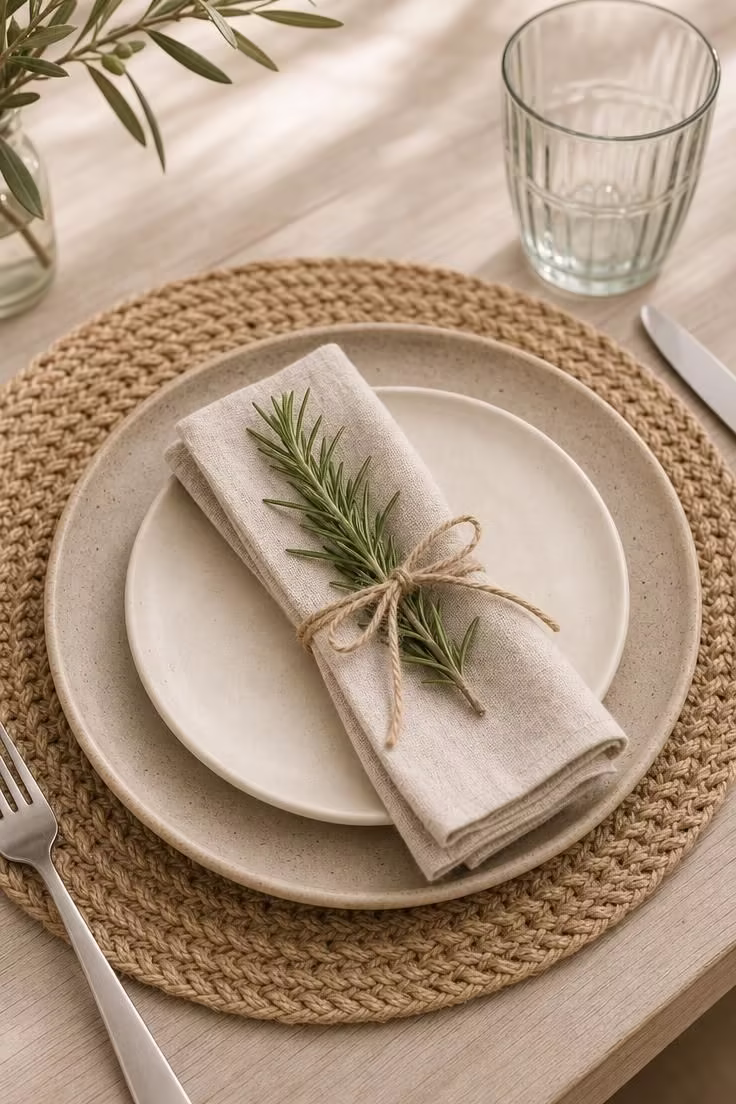 Close-up of a place setting with a woven jute charger, matte stoneware plate, and rosemary sprig napkin tie