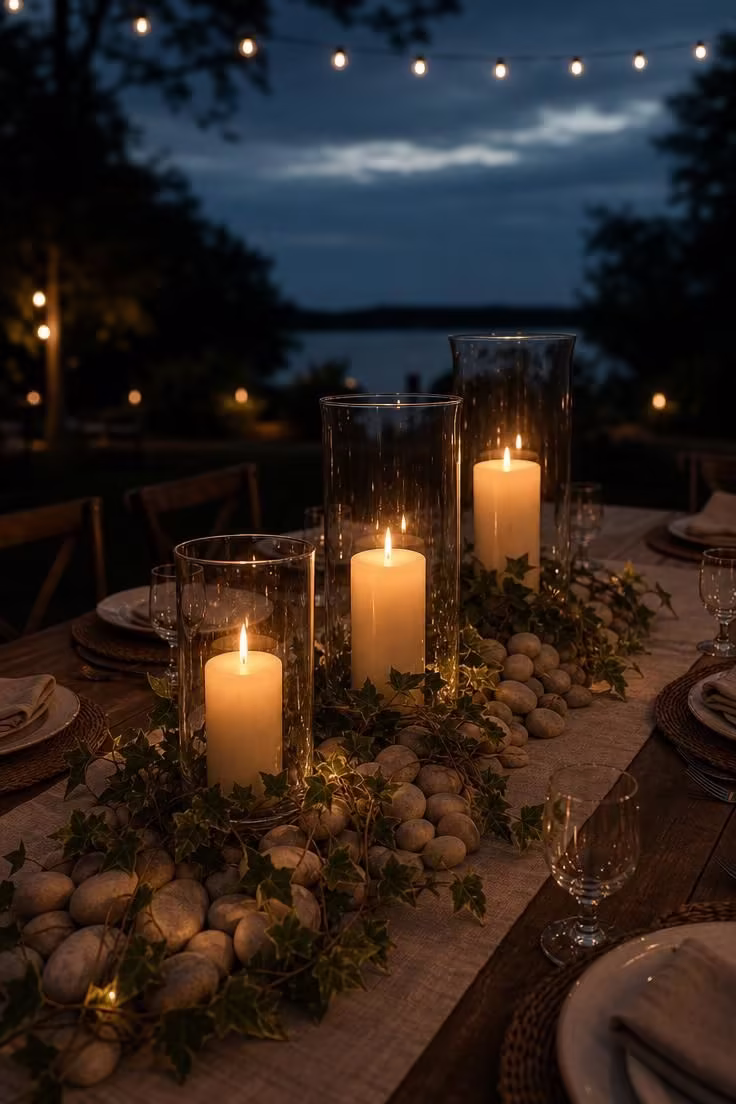 Hurricane glass pillars on river stones with trailing ivy along a dinner table at dusk