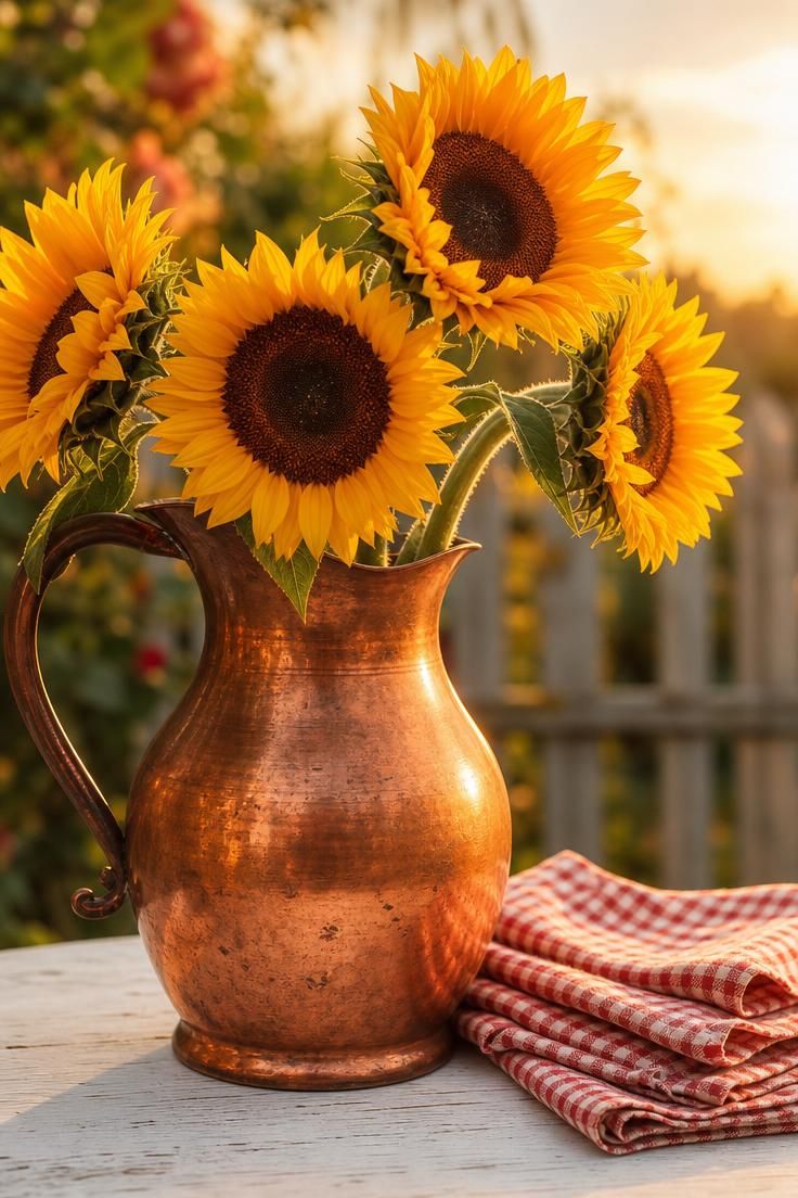 Copper pitcher with sunflower stems and gingham napkins on a white painted table at golden hour
