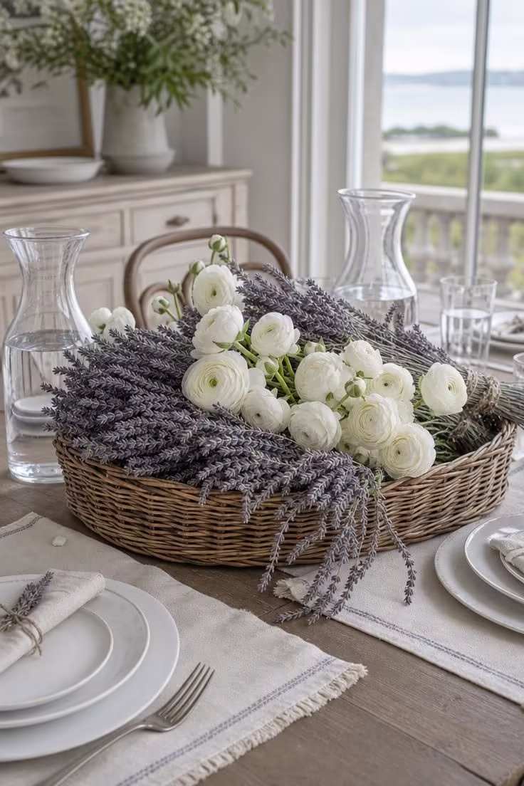 Wicker basket centerpiece with dried lavender and white ranunculus on a table in cool overcast light