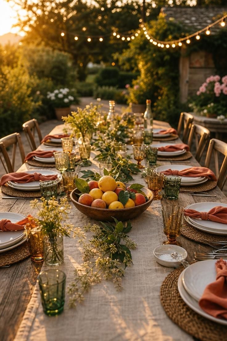 A summer outdoor dining table set with linen runner, colored glass tumblers, fruit centerpiece, and seasonal greenery at golden hour