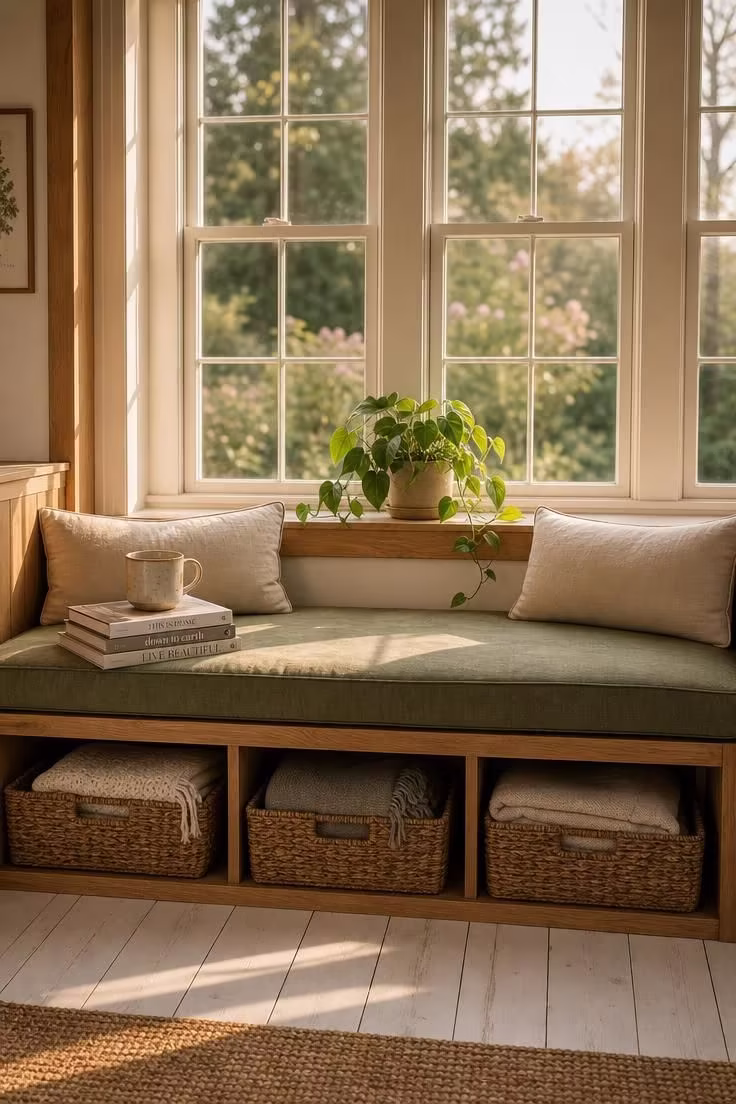 11 Cozy Sunroom Reading Nook Ideas for Book Lovers 1 Cedar-framed window seat with sage linen cushions in a sunlit sunroom reading nook
