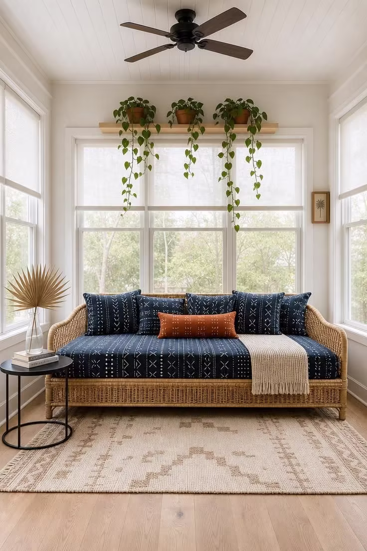 11 Cozy Sunroom Reading Nook Ideas for Book Lovers 2 Wicker daybed with indigo mud cloth pillows and trailing pothos in a bright sunroom