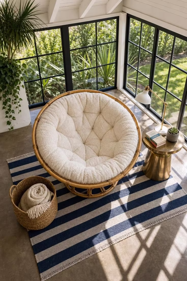 11 Cozy Sunroom Reading Nook Ideas for Book Lovers 3 Oversized papasan chair on a striped dhurrie rug in a bright sunroom reading corner