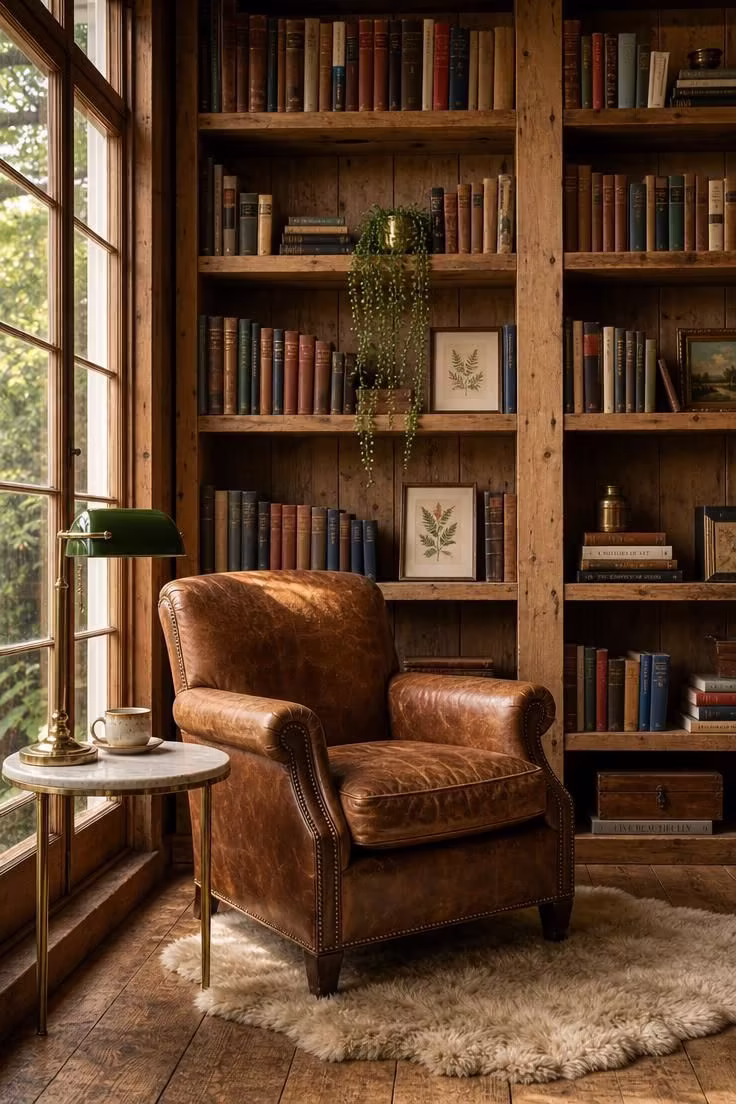 11 Cozy Sunroom Reading Nook Ideas for Book Lovers 4 Reclaimed pine bookshelves with cognac leather club chair in a sunroom reading space