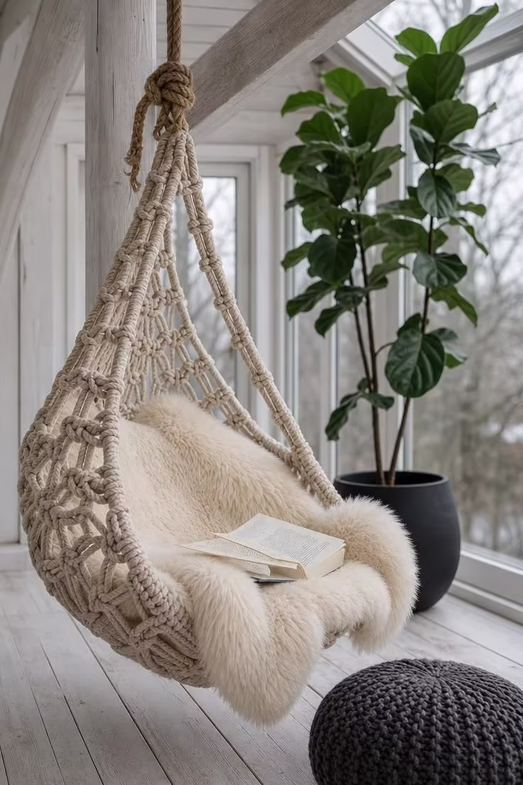 11 Cozy Sunroom Reading Nook Ideas for Book Lovers 5 Hanging macrame swing chair with sheepskin pad in a sunroom on an overcast day