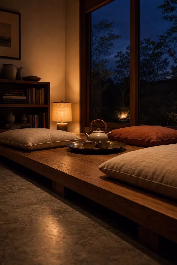11 Cozy Sunroom Reading Nook Ideas for Book Lovers 6 Low teak platform with floor cushions and brass tea tray in a sunroom at dusk