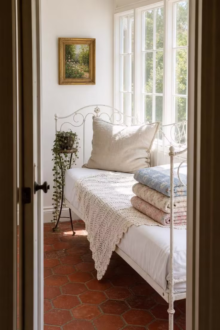 11 Cozy Sunroom Reading Nook Ideas for Book Lovers 7 White iron daybed with crocheted throw and stacked quilts in a bright sunroom