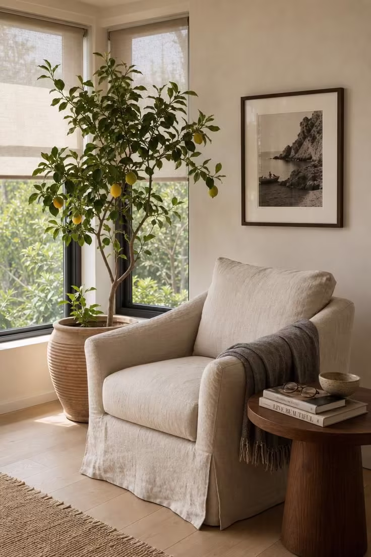 11 Cozy Sunroom Reading Nook Ideas for Book Lovers 8 Oatmeal slipcovered armchair beside a potted Meyer lemon tree in a sunroom