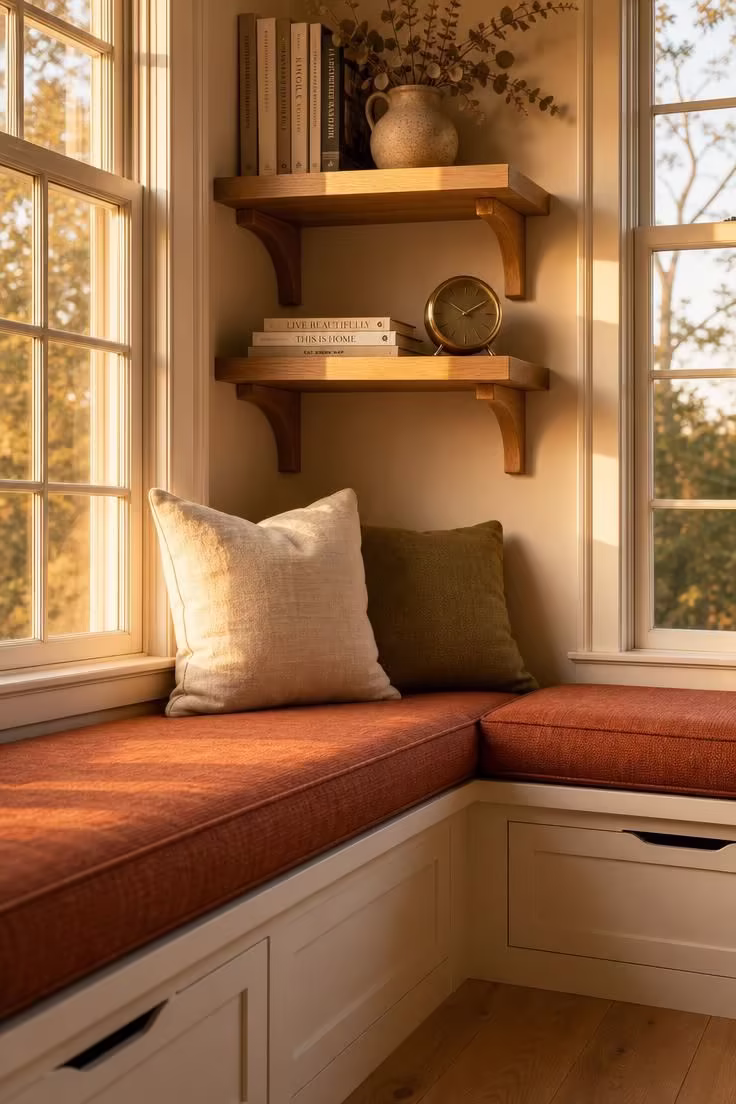 11 Cozy Sunroom Reading Nook Ideas for Book Lovers 10 Built-in corner bench with terracotta cushions and floating oak shelves in a sunroom