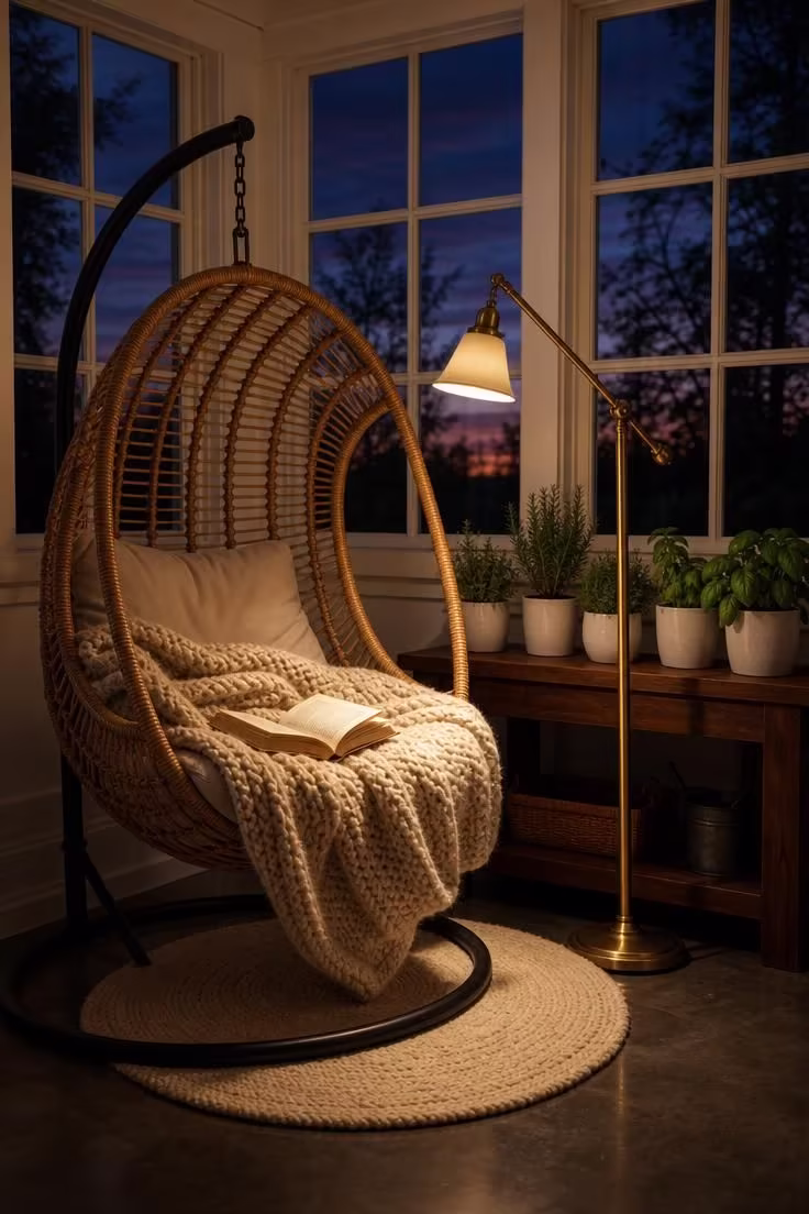 11 Cozy Sunroom Reading Nook Ideas for Book Lovers 11 Rattan egg chair with wool blanket and pharmacy floor lamp in a sunroom at dusk