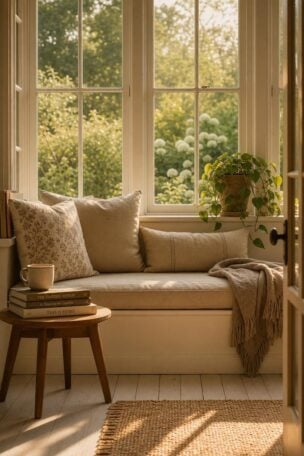 Cozy sunroom reading nook with linen cushions, books, and golden afternoon light streaming through tall windows