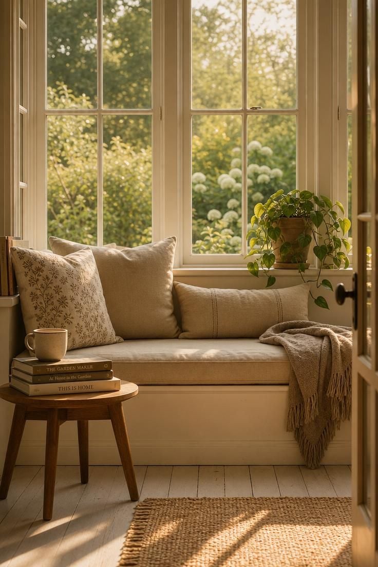 Simple Spaces 18 Cozy sunroom reading nook with linen cushions, books, and golden afternoon light streaming through tall windows