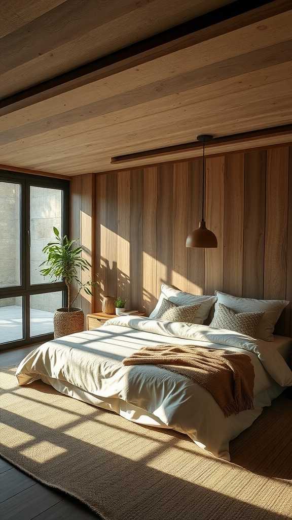 A simple wabi sabi bedroom featuring natural materials and plants.