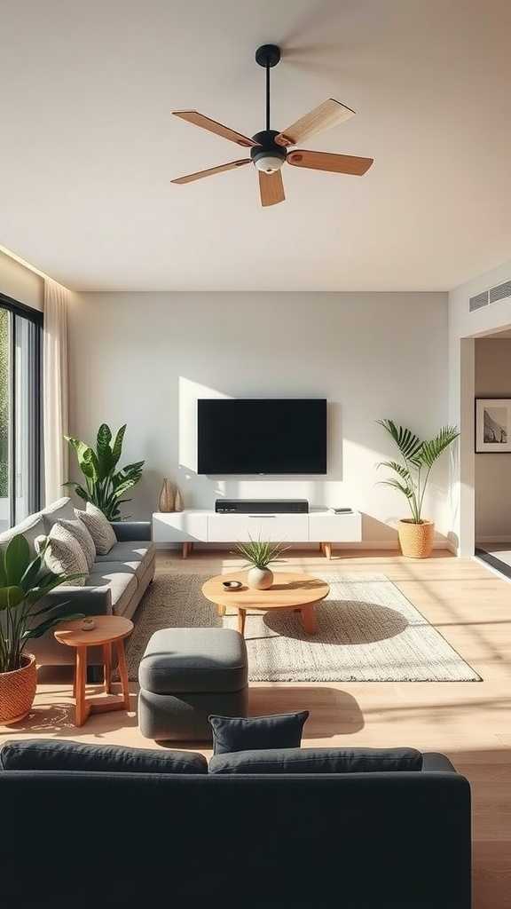 A modern minimalist living room with natural light, plants, and sustainable furniture.