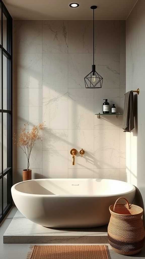 A serene wabi-sabi bathroom featuring natural materials and a calming design.