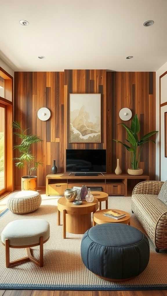 Cozy Japandi living room with wooden accents and natural fabrics