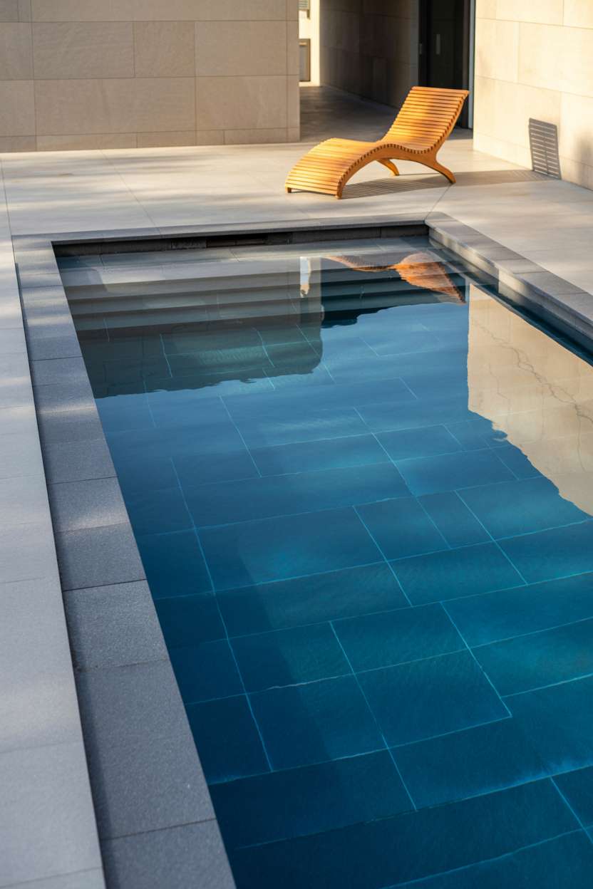Modern rectangular swimming pool with dark grey tiles and light concrete deck featuring a teak lounge chair