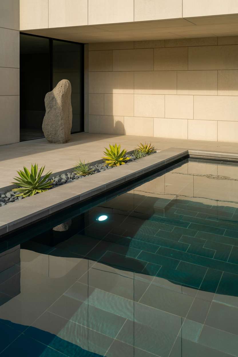 Modern swimming pool with dark tiles, LED lighting, and sculptural rock formation surrounded by succulents
