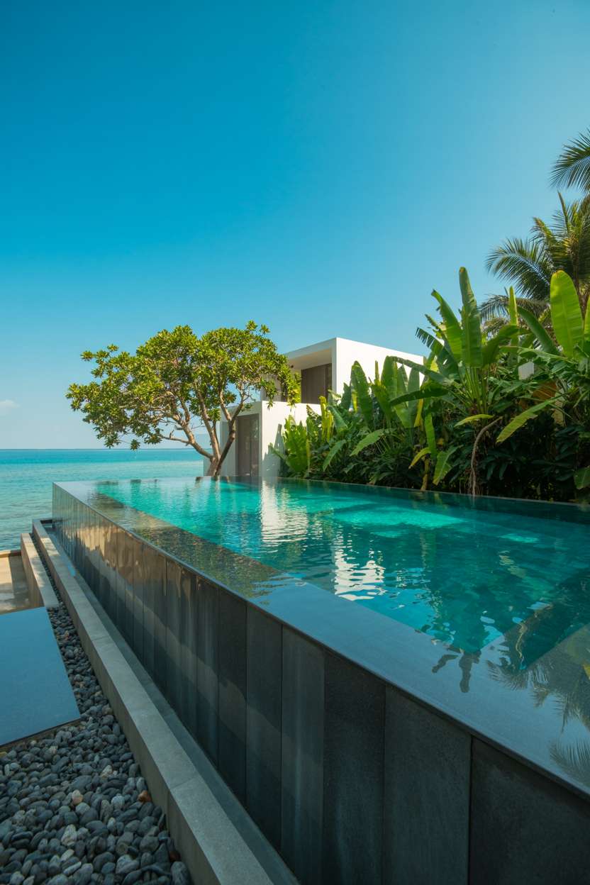 Infinity edge swimming pool with dark concrete border blending into turquoise ocean view