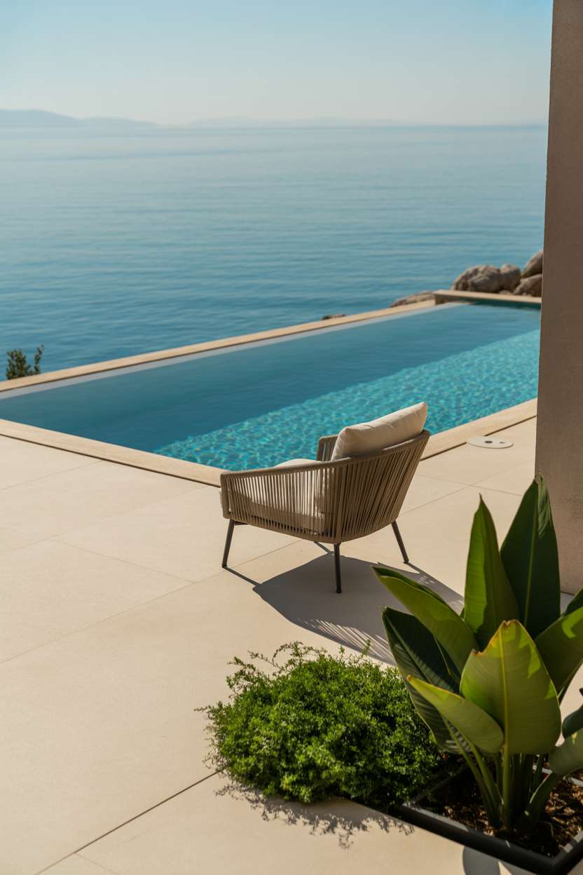 Infinity swimming pool with stone patio, white cushioned lounge chair, and potted plants