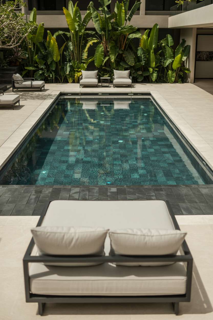 Large rectangular pool with dark tiles, beige stone deck, and multiple white lounge chairs amid tropical plants