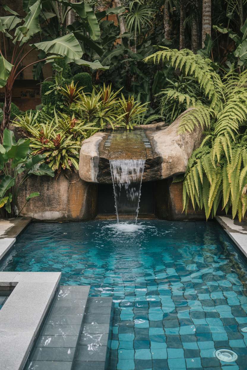 Rectangular pool with dark tiles and waterfall cascading from rocky outcrop surrounded by tropical plants