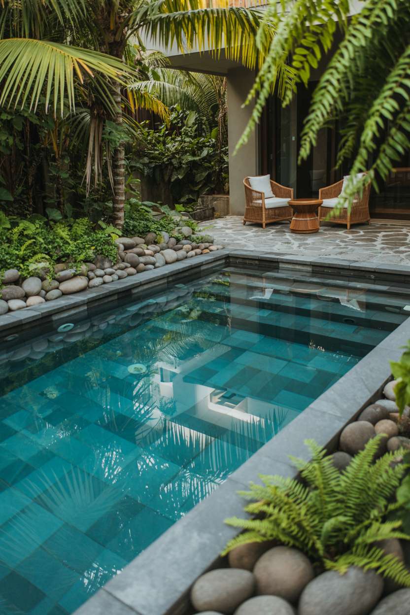 Natural swimming pool with turquoise water, river stone border, and wicker chairs on stone patio