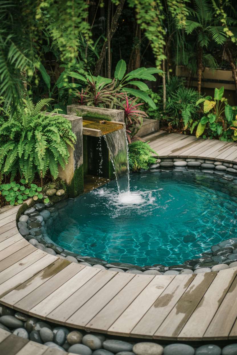 Natural swimming pool with circular weathered wood deck and stone-lined edges with waterfall feature