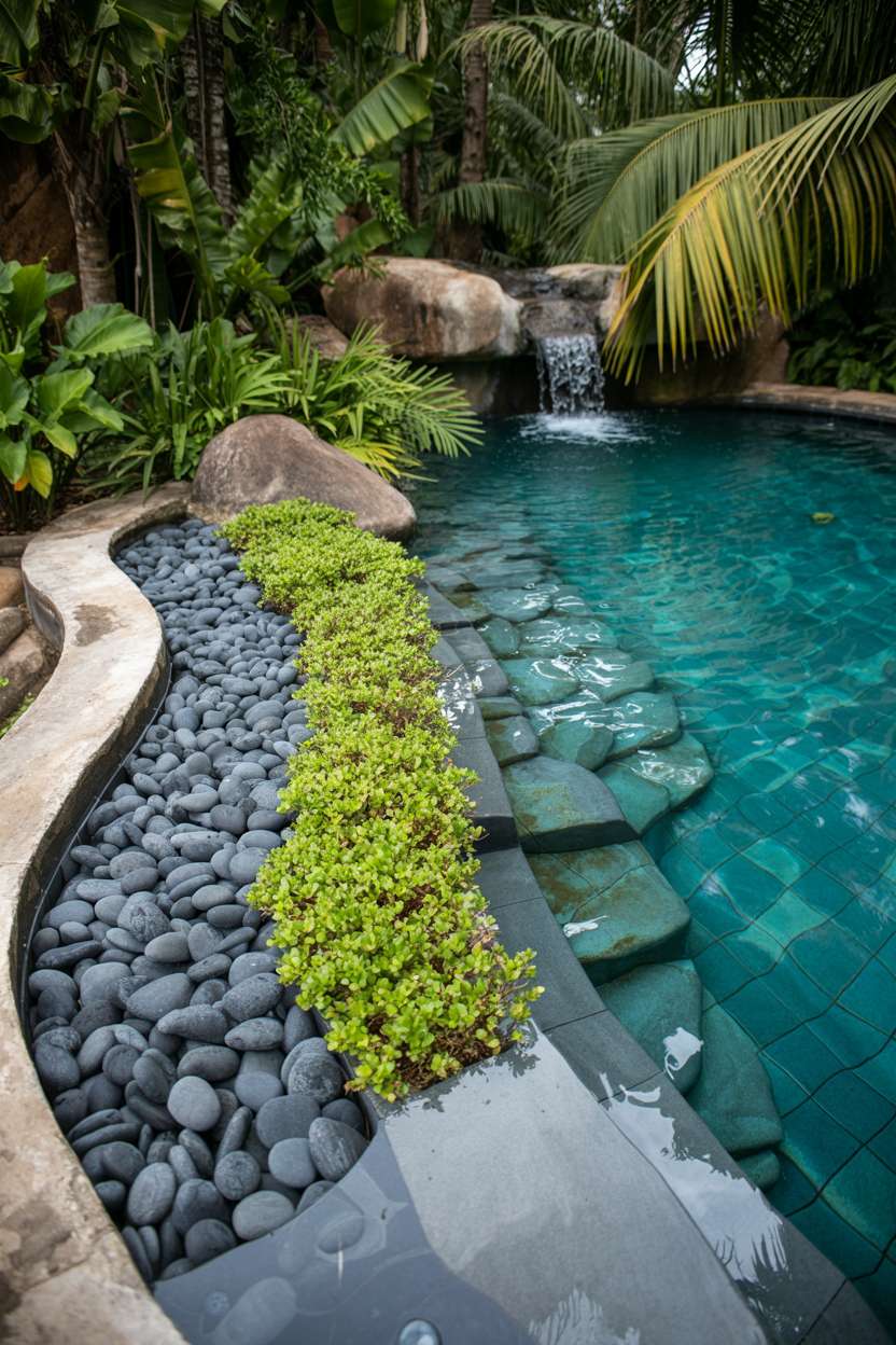 Natural swimming pool with dark river stones, submerged boulders, aquatic plants, and small waterfall