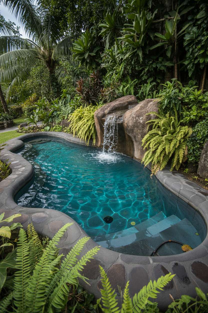 Kidney-shaped natural swimming pool lined with dark stones surrounded by tropical plants and waterfall