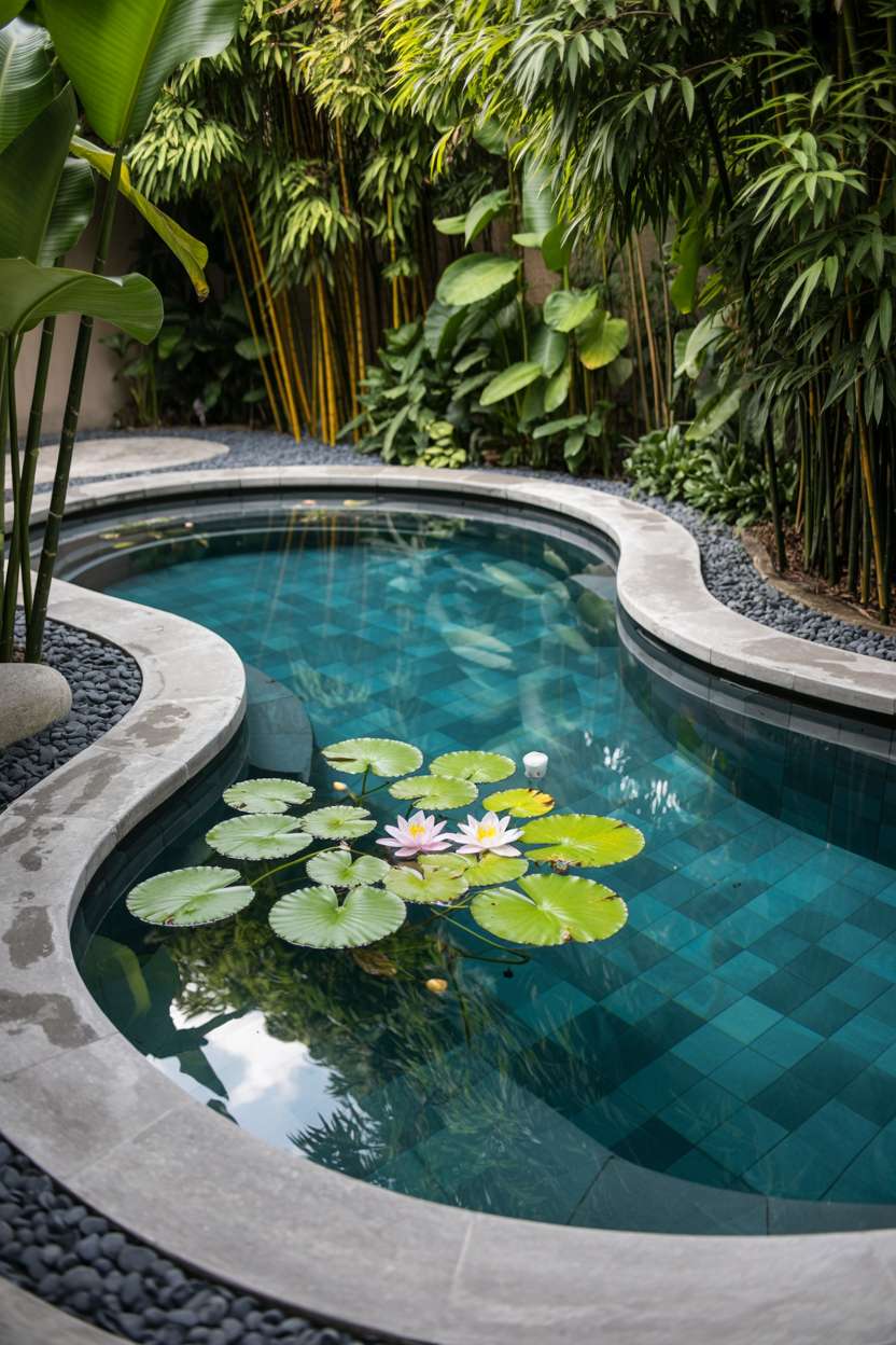 Kidney-shaped natural pool with dark pebbles, water lilies, and bamboo plants