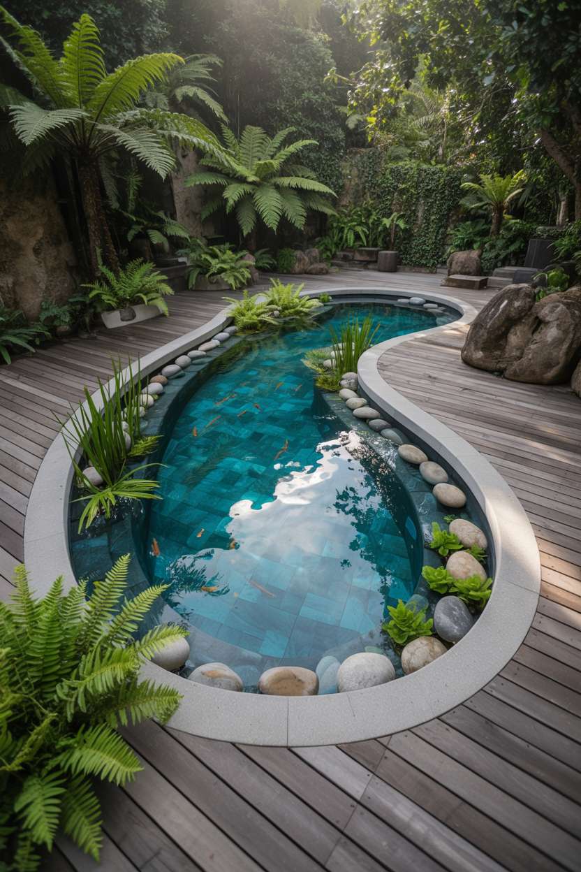 Oval natural swimming pool with river stones, wood deck, aquatic plants, and small fish