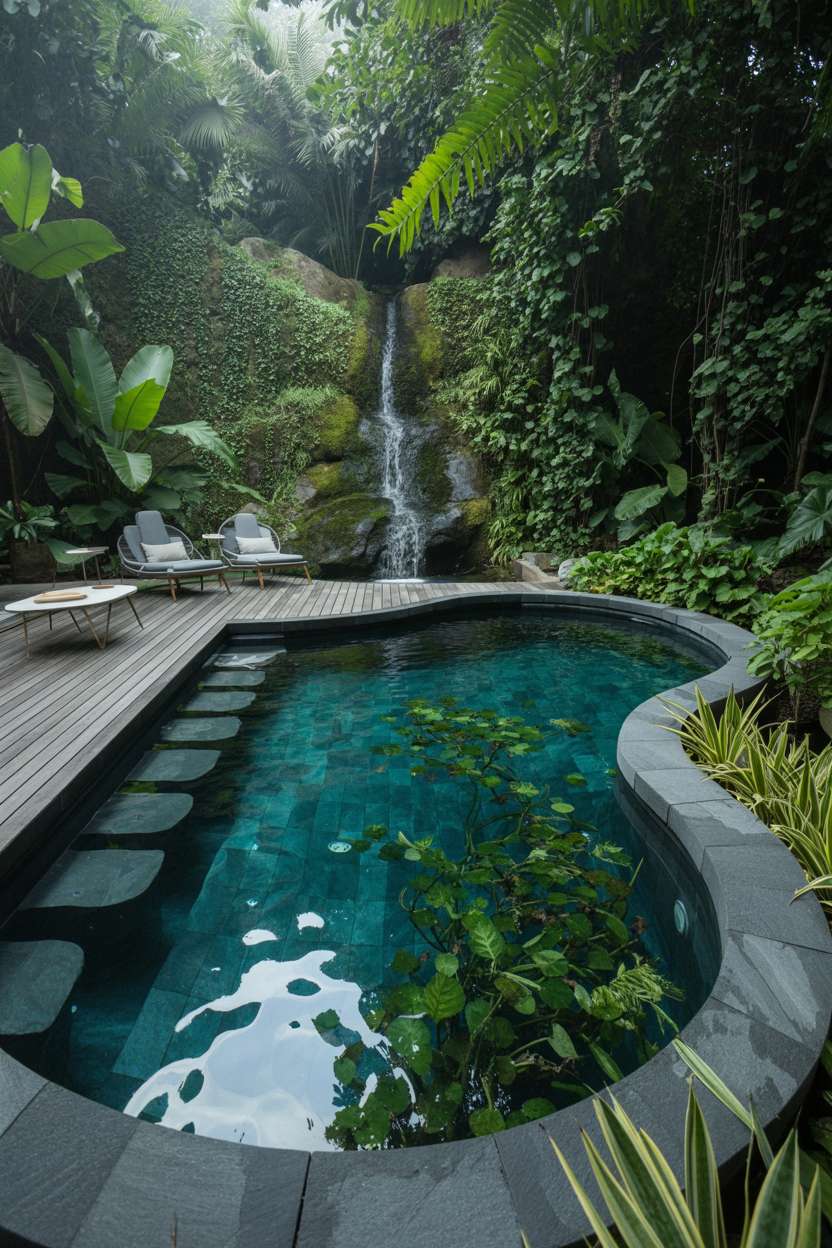 Natural swimming pool with moss-covered rock wall waterfall and wood deck surrounded by dense foliage