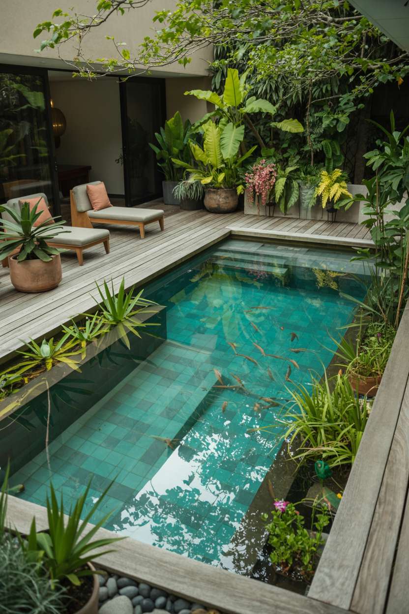 Rectangular natural swimming pool with light wood deck, lounge chairs, and vibrant orchids