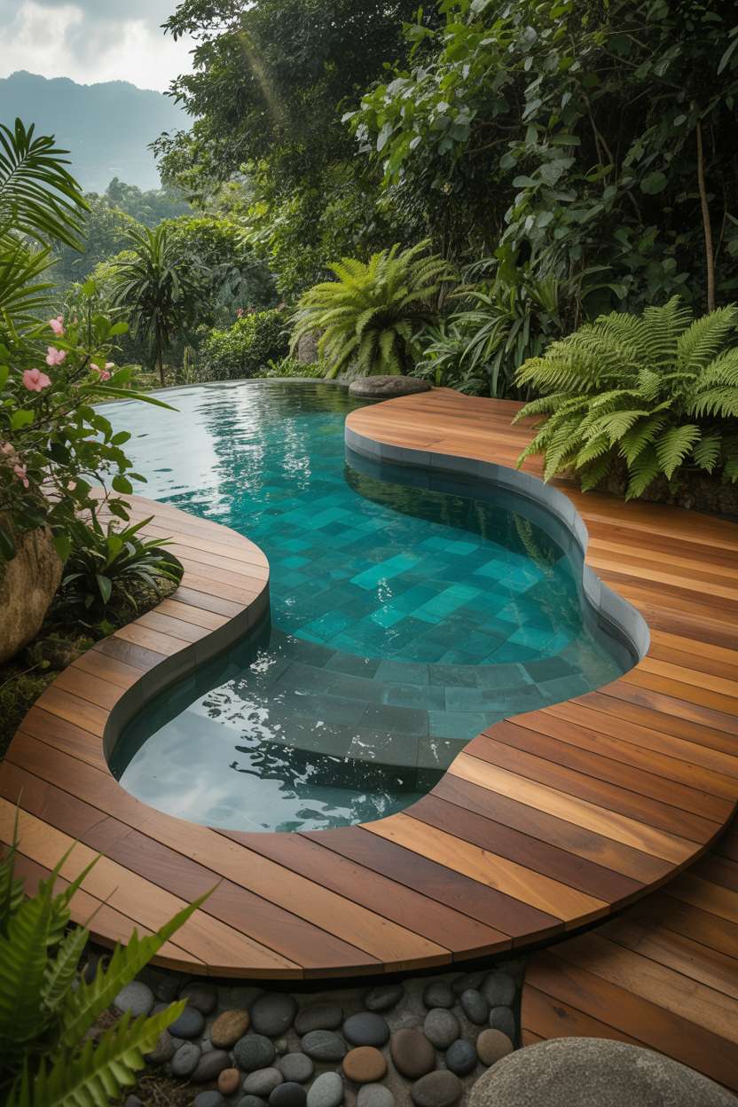 Natural swimming pool with wood deck surrounded by tropical plants with mountain view in background