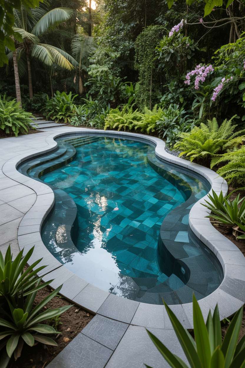 Large organic-shaped natural pool with dark pebbles and stone pavers surrounded by tropical flowers