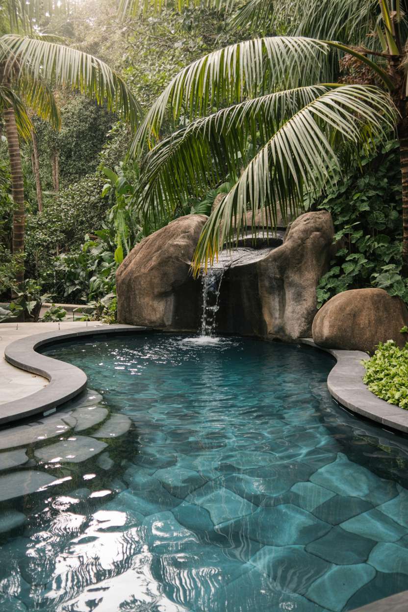 Kidney-shaped natural pool with waterfall and smooth stone lounging area under palm trees