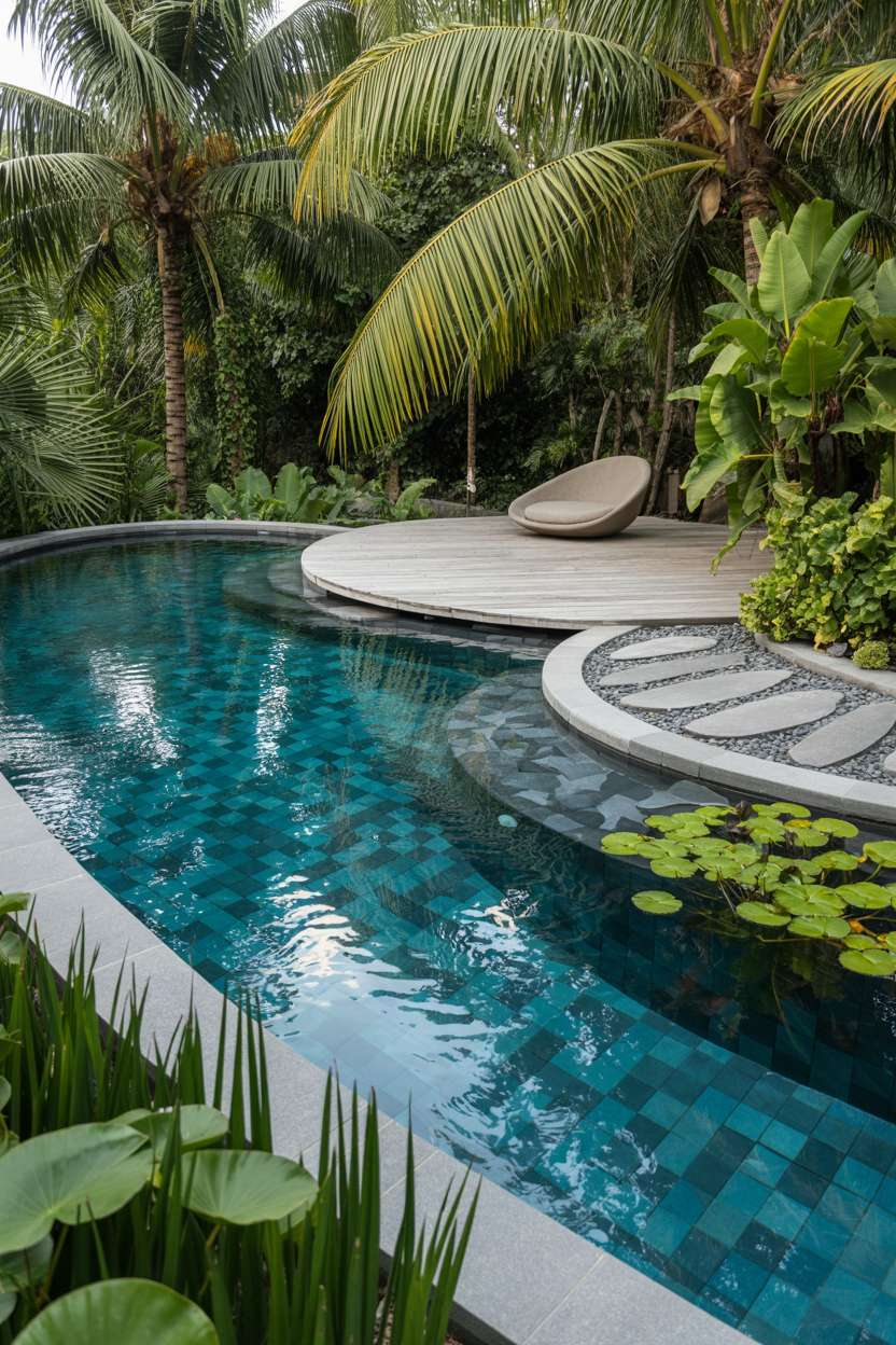 Natural swimming pool with pebble bottom, aquatic plants, and curved wooden deck with organic lounge chair