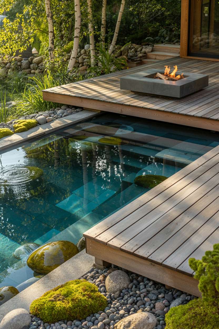 Natural swimming pool with weathered cedar deck and stone fire pit surrounded by birch trees