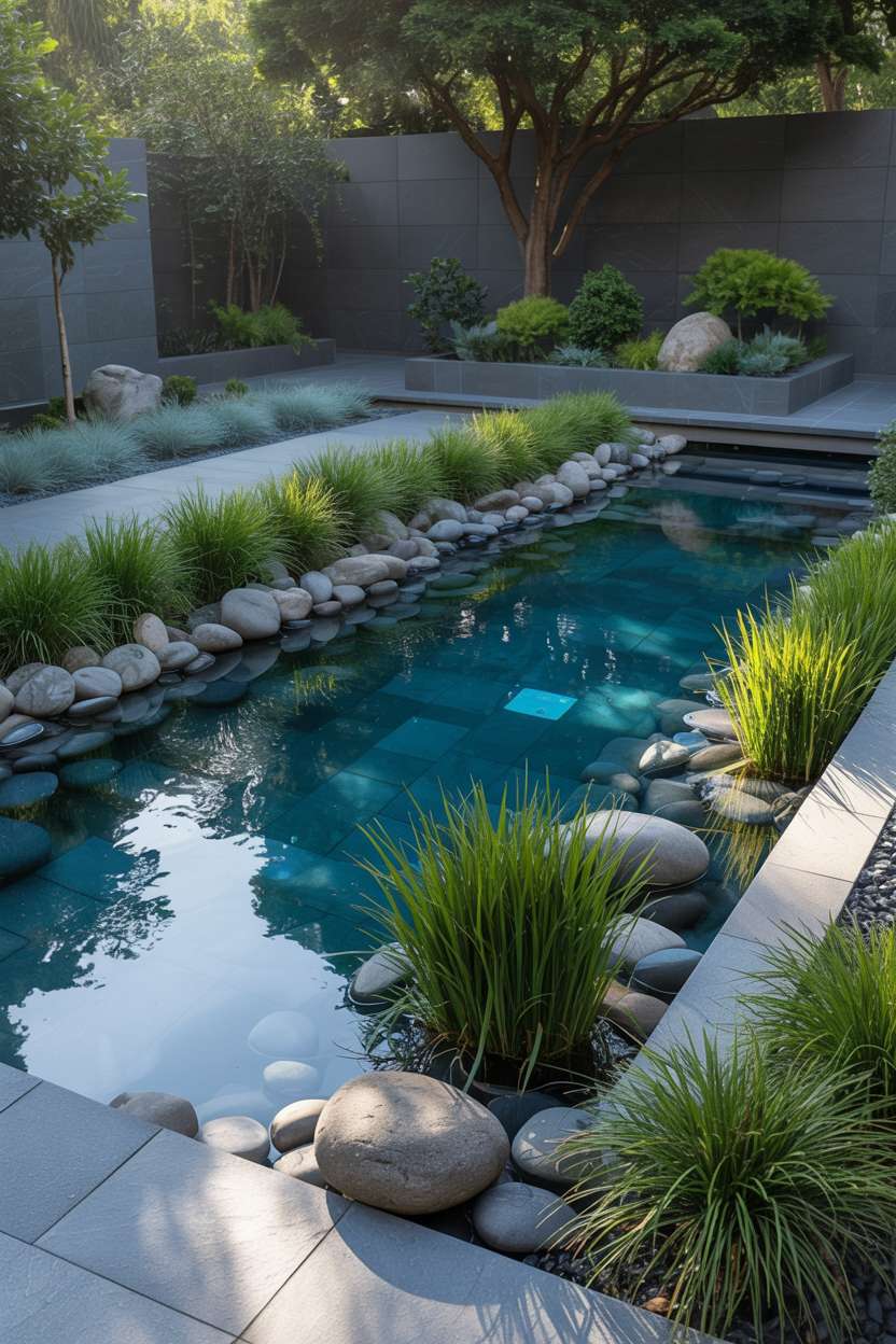 Modern natural pool with dark stone lining and ornamental grasses creating minimalist landscape design
